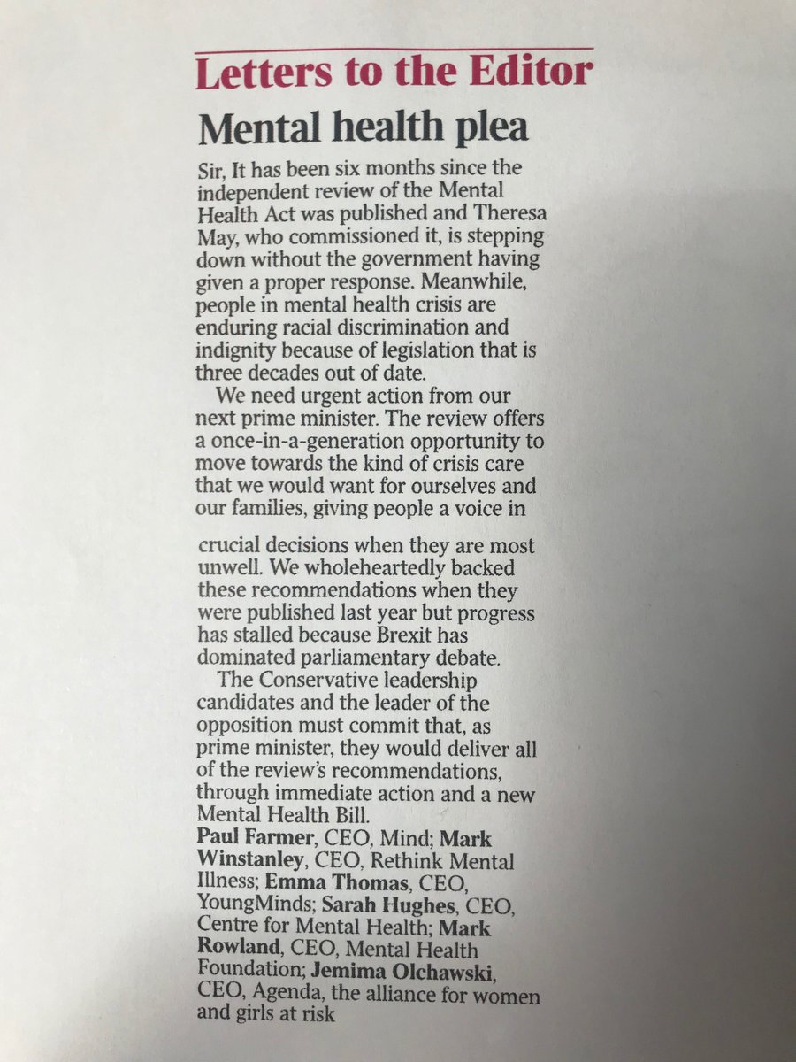 It has been six months since the Independent Review of the Mental Health Act was published and Theresa May, who commissioned it, is stepping down.

We need urgent action from our next Prime Minister! <a href="/thetimes/">The Times and The Sunday Times</a> <a href="/MindCharity/">Mind</a> <a href="/Rethink_/">Rethink Mental Illness</a> <a href="/YoungMindsUK/">YoungMinds</a> <a href="/CentreforMH/">Centre for Mental Health</a> <a href="/Agenda_alliance/">Agenda Alliance</a>
