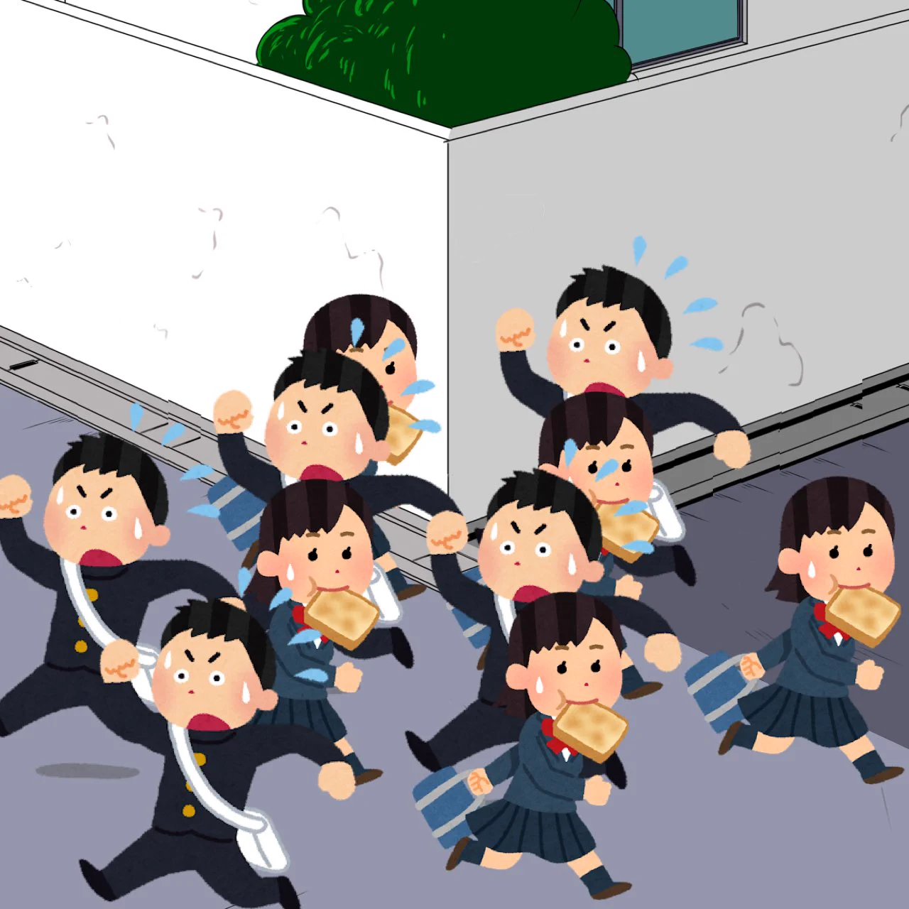 パンをくわえて走ってる時に男の子とぶつかるハプニング！集団行動で回避できるwww