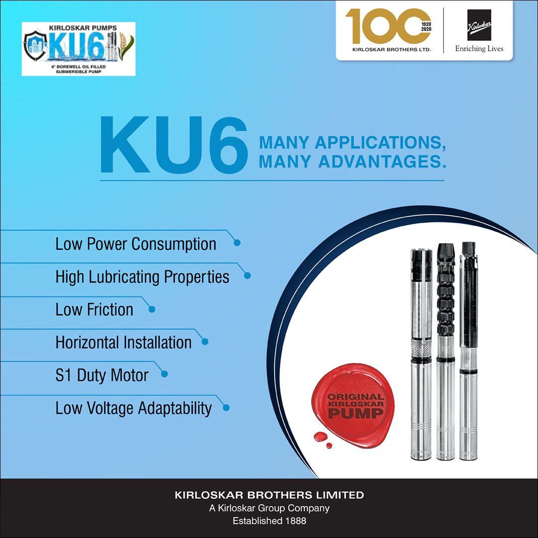 KBLPumps's tweet photo. The #KU6 borewell oil-filled submersible pump ensures higher-efficiency at lower cost. It performs effectively in farmhouses and bungalows, residences and industries. It can be used in sprinklers, drip systems and firefighting systems. #KirloskarBrothersLimited #KBL https://t.co/fd5ivwpSFy