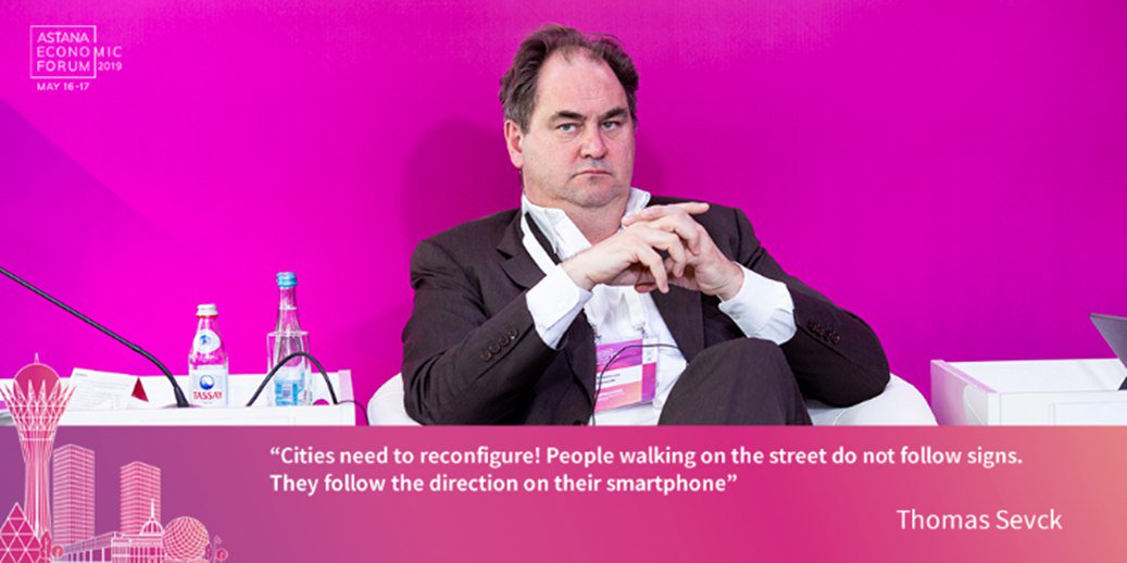 Forum_Astana's tweet photo. “Cities need to reconfigure! People walking on the street do not follow signs. They follow the direction on their smartphone”. Thomas Sevck, City and Brand Consultant. 
#AEF2019 #aef #astanaeconomicforum https://t.co/jd9lbRGszU