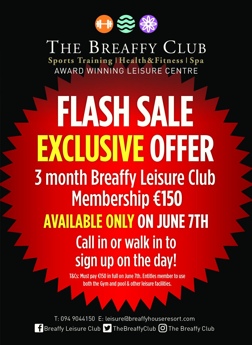 Available for one day only, don't miss out on this great offer, call into us tomorrow June 7th because when it's gone it's gone!! #onedayonly #FlashSale '#breaffy #specialoffer #gym #swimming #classes #motivation
