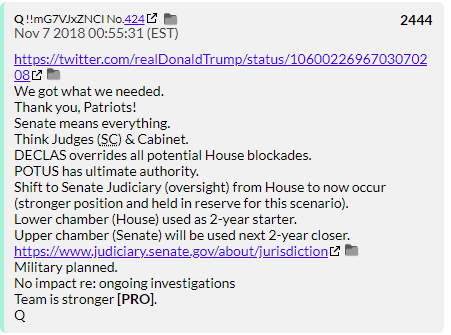 111. QDrop 2444 is Q cheering up the troops after a drubbing at the polls by reminding them we still got DECLAS! Remember when facebook/google/twitter were going to cheat to help the Dems win? Meh, who cares! DECLAS!