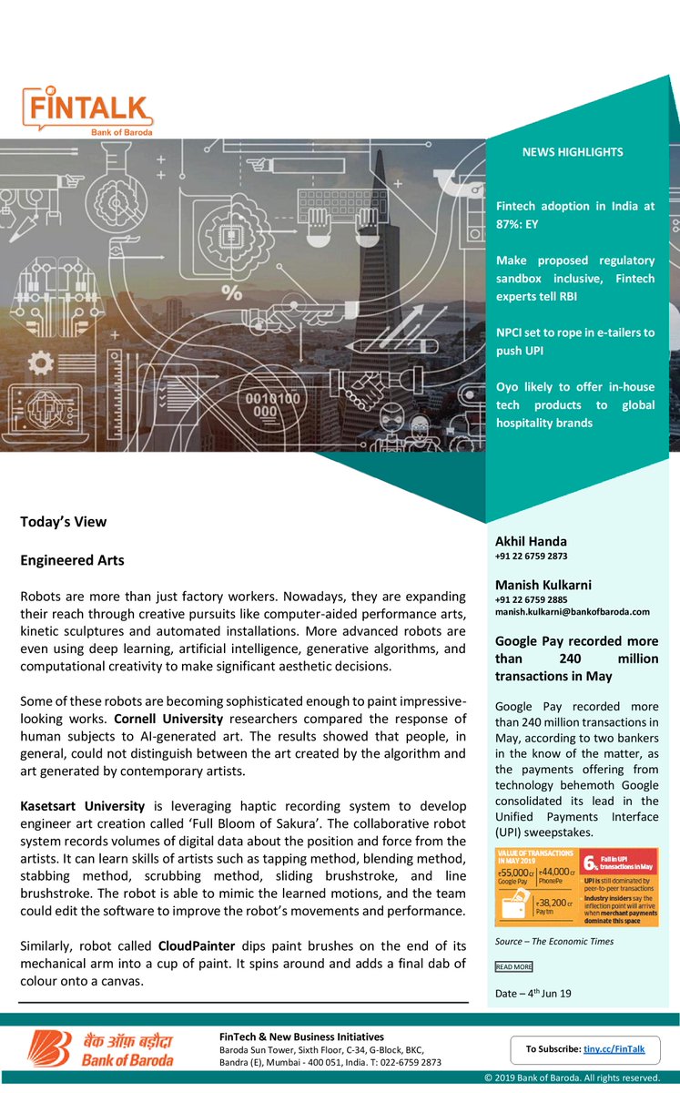 bankofbaroda's tweet photo. Read more about 'Engineered Arts', in today's 'Fintalk', our daily Fintech newsletter!

Subscribe here to get more such #Fintech updates: https://t.co/Pvs1VP7CXy  

#Google #Facebook   #CornellUniversity   #KasetsartUniversity   #CloudPainter #Obvious https://t.co/kGwZLX6I8s