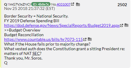 114. QDrop 2502 claims Soros was behind the immigrant caravans and that Trump will use a national emergency to get his wall money. Soros was not behind the caravans and Trump only went to the national emergency gimmick after every other trick failed and it's tied up in the courts