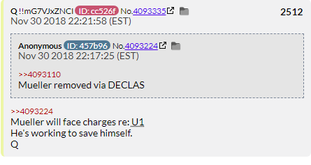 116. QDrop 2512 claims Mueller is going to be charged with crimes relating to Uranium One. This is absolute nonsense cause Mueller had nothing to do with it. Q has no idea what they are talking about but they know their followers don't care.