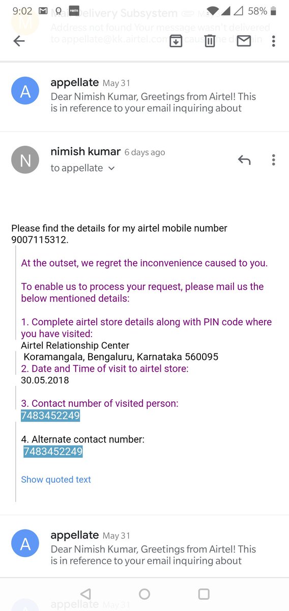 nimish_kumar's tweet image. It has been more than 15 days , I am not getting any solution.@Airtel_Presence @airtelindia  asked me to visit Karnataka circle then Kolkata.