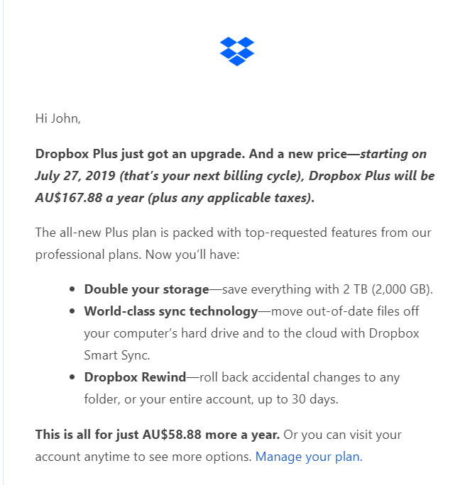 dropbox plus price increase