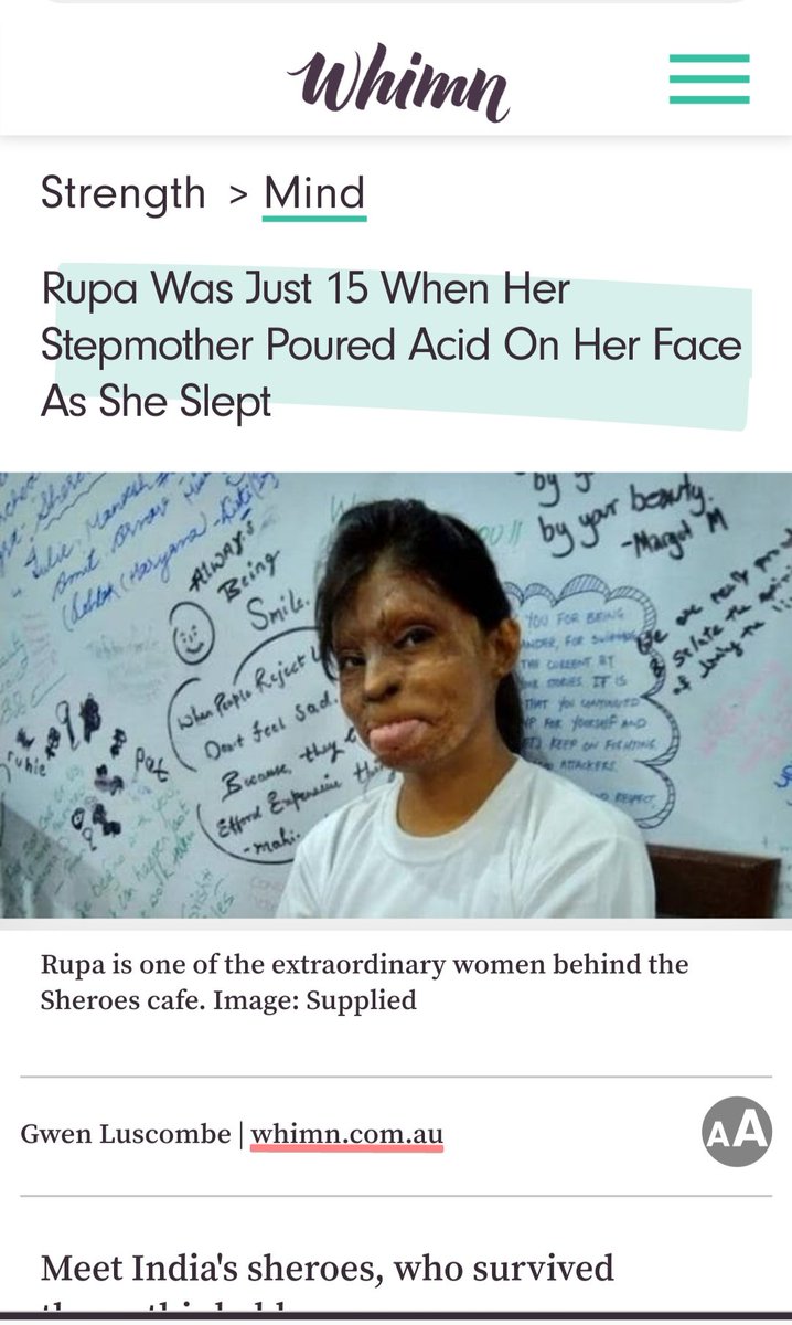 Each year, roughly 350 women** are subjected to,  Rupa was just 15 when her step mother poured acid over her face as she slept. 
#StopAcidViolence
#StopAcidAttacks 
Read here : bit.ly/2KpWdei
#RebuildSheroes 
Article by - @whimn_au