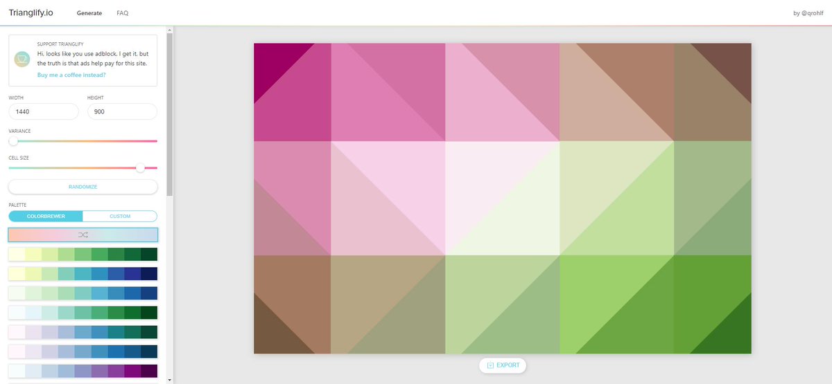 ThibaultJP1's tweet image. Voici #Trianglify un petit générateur d&apos;image de fond en LOW POLY pour vos sites / présentations / Vidéo / Illustrations ! Je recommande, mais évitez d&apos;en mettre partout, il faut que ce soit un minimum beau :D

trianglify.io