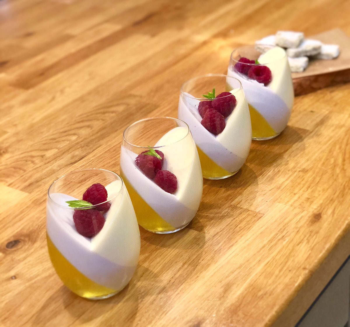 Lemon jelly with lavender panna cotta, white chocolate mousse and raspberries #lavender #pannacotta #whitechocolatemousse #lemonjelly #whitechocolate #raspberries #dessert #desserts