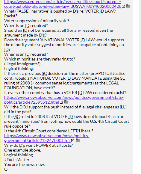 130. QDrop 2689 claims the Dems won by illegal immigrants voting in the 2018 mid-terms and that Voter ID laws will be put in place to stop this in 2020. The GOP losses will prevent swing states or federal voter ID laws to happen. Also is no evidence of voter fraud.