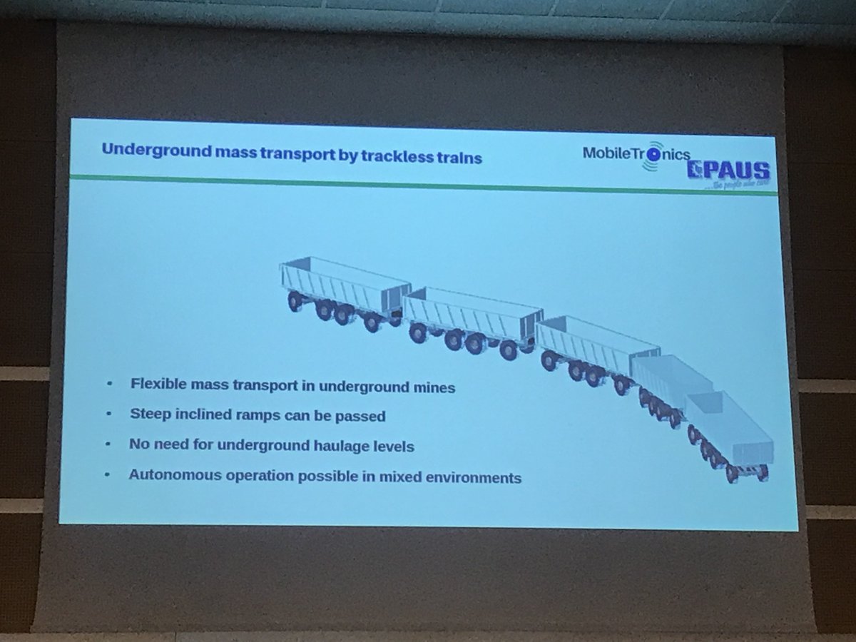 im_mining's tweet image. #APCOM2019: #MobileTronics #trackless #autonomous #trains for #masstransport can also handle #ramps &amp;amp; consist of #mechanicallyinterconnected or #freefollowing #rubbertyred cars: #electronicallysteered #axles follow a #leadaxle controlled by the #VirtuRail computer #futureofmining