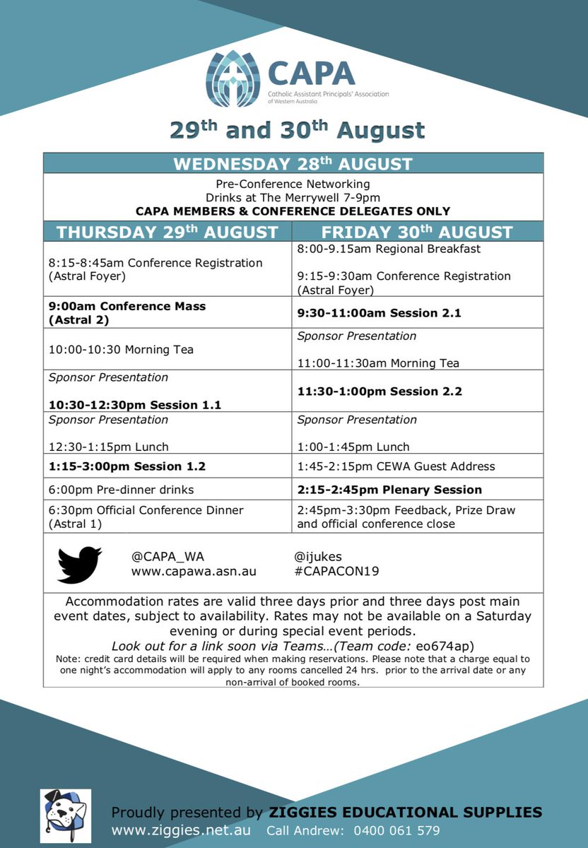 <a href="/CAPA_WA/">Catholic Assistant Principals’ Association of W.A.</a> Great news, Conference date and speakers are now confirmed! #ijukes #CAPACON2019 Please register via bit.ly/2WhGH6t for early bird prices and see our Teams members page for updates about booking accommodation.