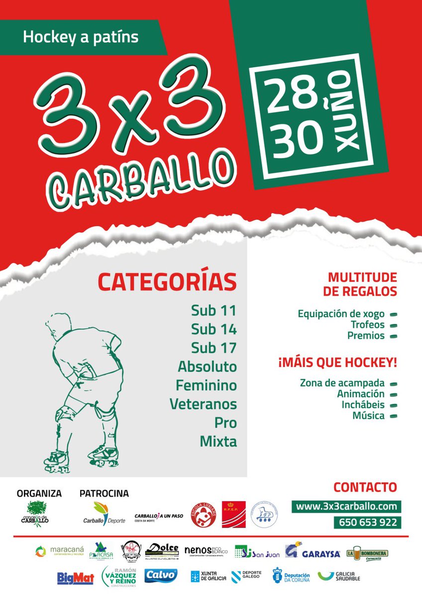 Recordámosvos que os días 28,29 e 30 de xuño celébrase en Carballo a 3ª edicion do <a href="/3x3Carballo/">3x3 Carballo</a> 
Entrade na páxina 3x3carballo.com  se precisades información ou chamade ao telefono 650653922.
Ainda estades a tempo de apuntarvos. O prazo remata o próximo luns 10 de xuño 🏑