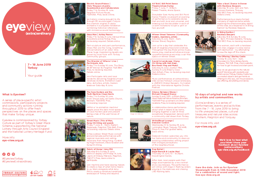TorbayCulture's tweet photo. One more day... until #EyeviewExtraordinary 7-16 June ⚡️across #Torbay/#EnglishRiviera 🌴Find out what's happening when w/ the daily planner on the website @eyeview_prog. Part of #GreatPlaceScheme from #TorbayCulture supported by @HeritageFundUK @ace_national @TorbayTDA @ERBIDCo https://t.co/bm40XpIpvs