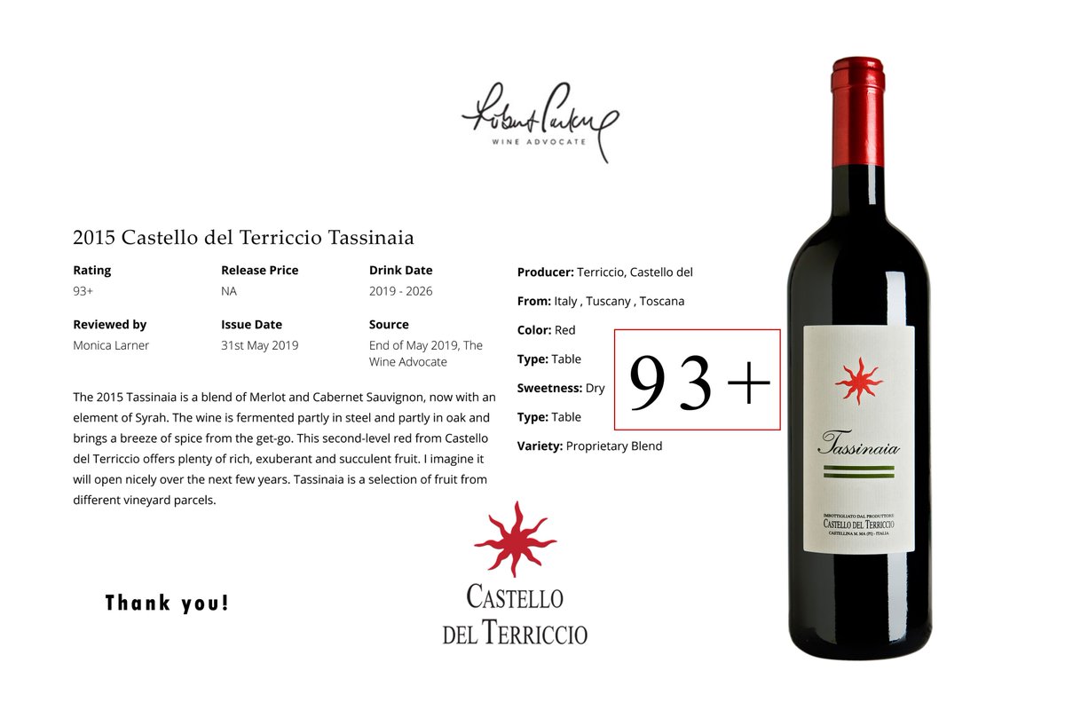 93+ Parker Points - TASSINAIA 2015
☀️☀️☀️ - Thank you! - ☀️☀️☀️
@Wine_Advocate Robert Parker  
@MonicaLarner  
#lupicaia #tassinaia #castellodelterriccio #terriccio #wine #wineadvocate #winelover #redwine #supertuscan #maremma #maremmawine #vino #toscana #tuscanwine #tuscany