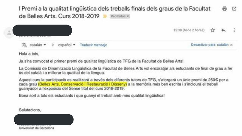 Mazzinguerzett1's tweet photo. Un amigo me ha pasado esto que le envían de su universidad. Os traduzco: hay un premio para el mejor Trabajo de Fin de Grado, pero solo si lo haces en catalán. Decirme que esto no es discriminación. https://t.co/as27x6Zmfq