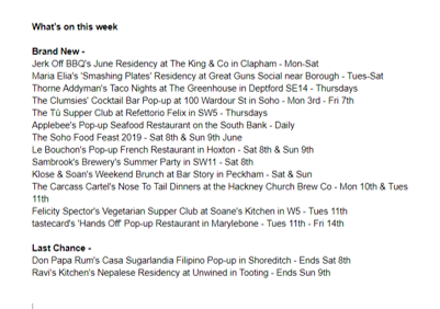 The weekly newsletter is out - The best food pop-ups in London (+ 1 shop) listed day by day, Thursday to Thursday londonpopups.com/p/weekly-newsl… Lots of new ones this week!