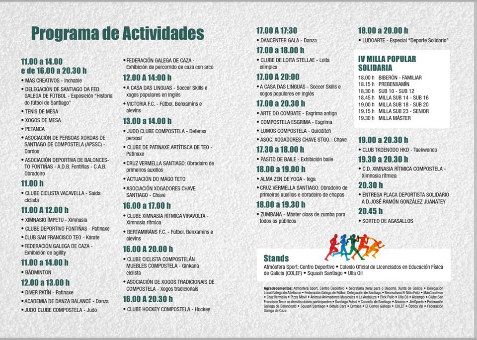 Este sábado, de 16 a 20:30, celébrase en Area Central o 5 Día do Deporte Solidário. Podédesnos atopar na esquina vermella. Animádevos a vir! Contamos convosco!
A recadación será destinada á Cruz Vermella de Santiago. Merécenno!
Grazas á organización. Sodes grandes!👏🏼👏🏼🏑🏑🏑💪🏼