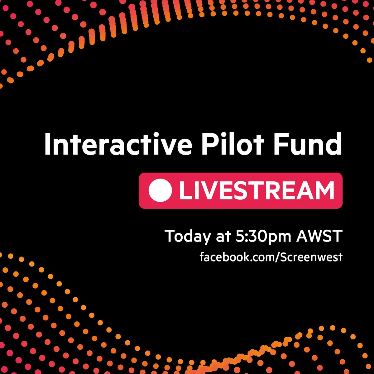 🎥🔴 We're livestreaming our #InteractivePilotFund Information session over on our Facebook page at 5:30pm AWST today ‼️
http://www.facebook.com/screenwest
The info session will end with a Q&A, so get your questions ready!
Interactive Pilot Fund Guidelines ℹ️ http://ow.ly/ccnM50uxPMi
