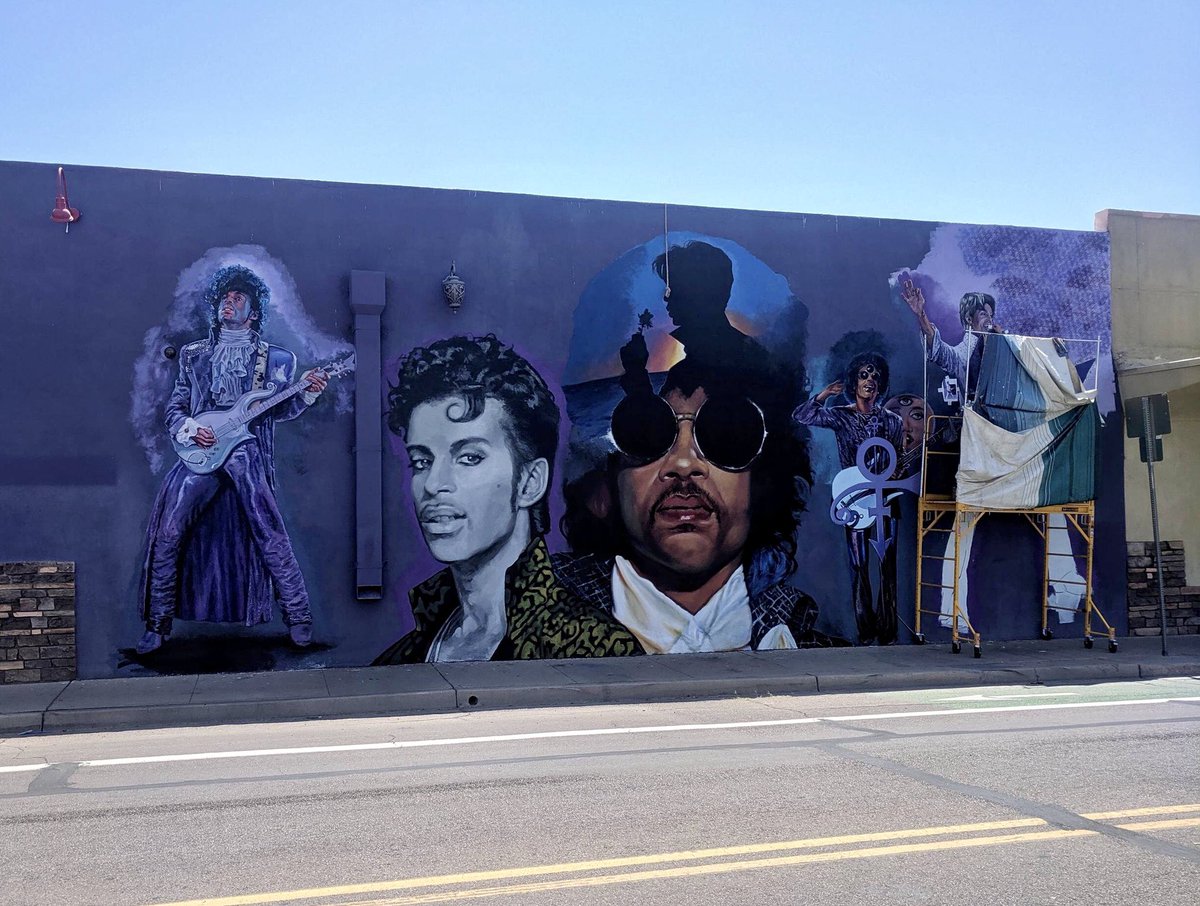 Housequake's tweet photo. This nearly done #Prince mural in downtown Phoenix (15th av. north of Roosevelt) https://t.co/kF3UNGhtjE