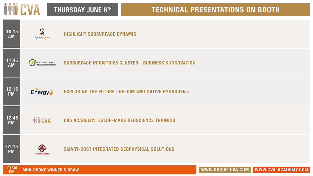 CVAgroup's tweet photo. Program on booth for this last day at #EAGEannual2019
Come and hear from our partners
➡️ @SpotLightOG
➡️ @PoleAvenia
➡️ @458Energy
➡️ Realtimeseismic
And last chance to learn more about our 🌍#geoscience #training offer https://t.co/aXAWBEMO8t
#teamCVA #WeConnect
@EAGE_Global https://t.co/kuJOH9i1j8