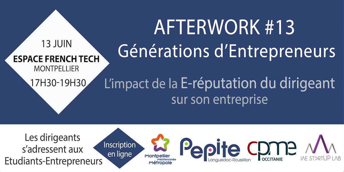 Le dernier afterwork Générations d'Entrepreneurs organisé par @pepite_lr aura lieu le jeudi 13 juin à 17h30 à l'Espace French Tech.
Le thème: quel est l’impact de la E-réputation du dirigeant sur son entreprise? 
Pour s'inscrire: lnkd.in/eWqTDcu
@k_gundolf @Montpellier_BS