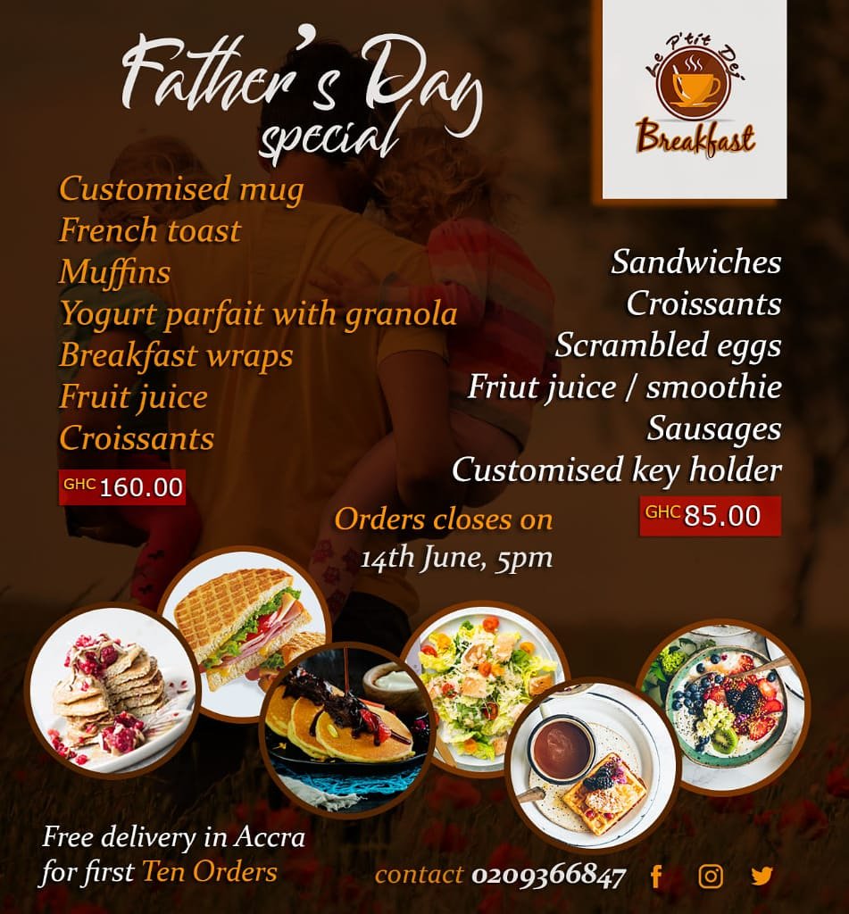 leptit_dej's tweet photo. #fathersday is here...
🎁Get our father's day packs for 85 cedis and Hero's Day packs for 160 cedis. 
Free delivery in Accra for first 10 orders
Call 0209366847 to place your orders.Orders close on 14th June, 5pm.
#breakfast #fathersday #fathersdaybreakfast
#june #monthforfathers https://t.co/H1CrJszpCJ