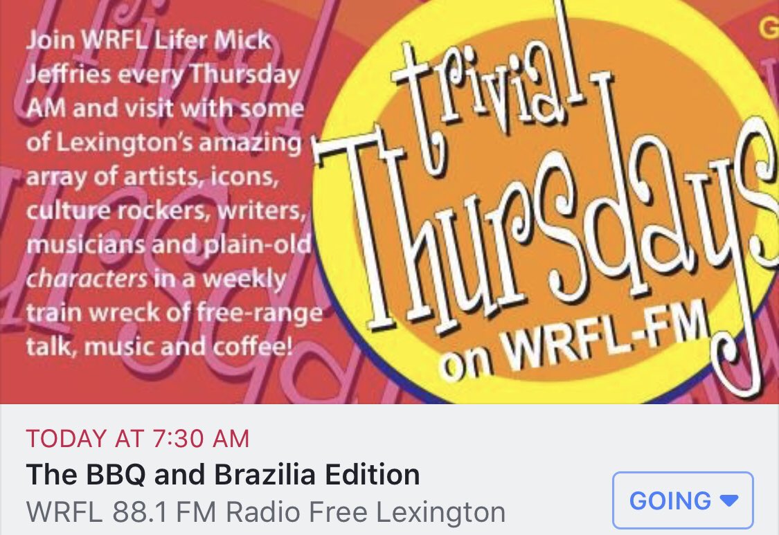 BluegrassBBQLEX's tweet photo. Catch us on @wrfl881 FM Radio Free Lexington 7:30a today on The BBQ &amp; Brazilia edition of Trivial Thursdays on WRFL. We'll chat BBQ, blues, bluegrass, bourbon &amp; beer... basically everything happening June 7-8 downtown at @BluegrassBBQLEX #bluegrassbbqfest #sharethelex https://t.co/mMDs9NHklE