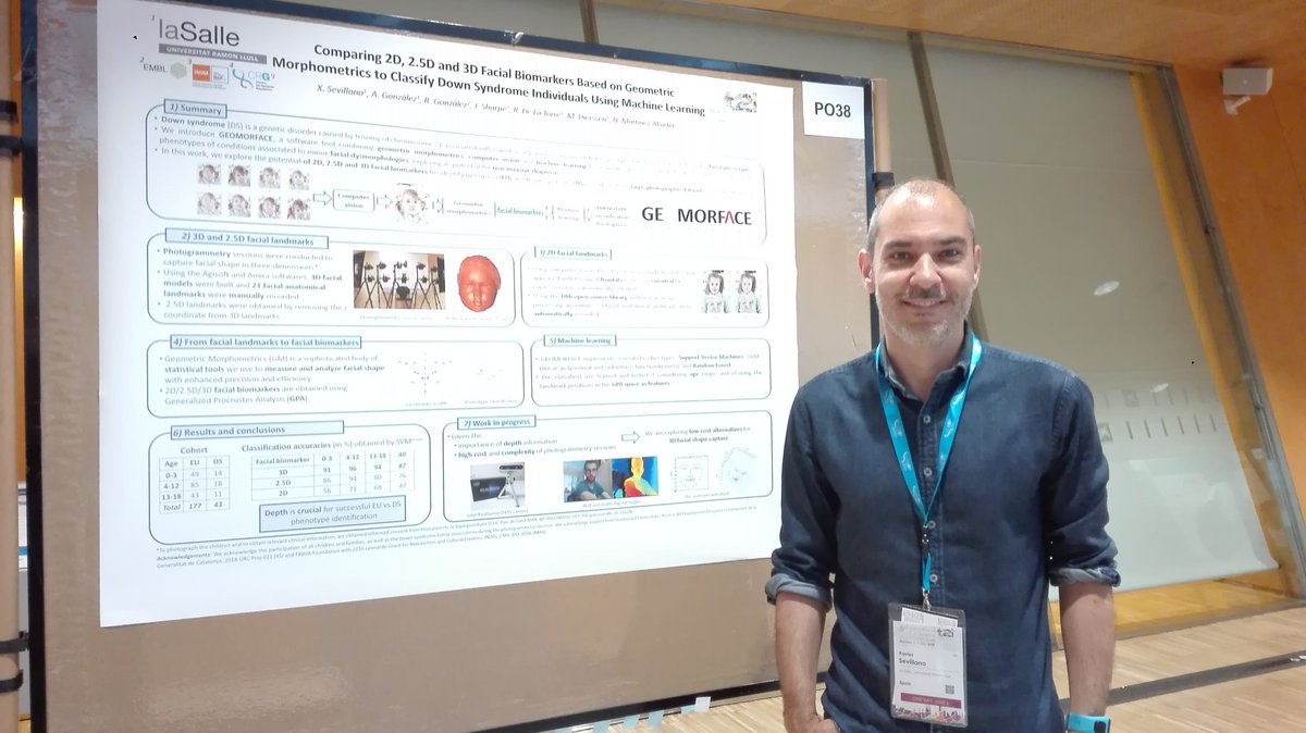 xavi_sevillano's tweet photo. Poster setup at stand P038 @T21RSBarcelona. Come by to hear about machine learning+3D, 2.5D and 2D facial biomarkers to classify Down syndrome phenotypes based on facial shape - with my good friend and colleague @AbadiasNeus @LaSalleBCN @embl @CRGenomica https://t.co/RizXMlvjSe