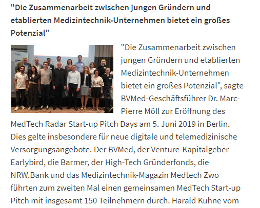 BVMed's tweet photo. 2. #MedTechRadar #Startup Pitch Day
"Die Zusammenarbeit zwischen jungen Gründern und etablierten #Medizintechnik-Unternehmen bietet ein großes Potenzial"
https://t.co/ttRFtrZkvH
#MedTech @BMWi_Bund @tuevsued @bbraun_de @EITHealth @BodyLabs @earlybirdberlin @medtechZWO @BiocomDe https://t.co/T2NWfgwLWH