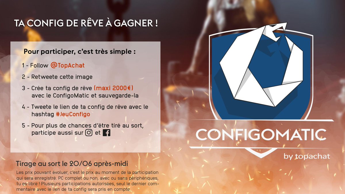 🎁 #26AnsTopAchat (@topachat) on Twitter photo 🎁 #Concours 🎁
Gagne ta config sur mesure avec le #ConfigoMatic !
topachat.com/pages/configom…
Pour participer :
✅ Follow <a href="/TopAchat/">TopAchat #JeuConfigo</a>
✅ #RT ce tweet
✅ Tweete ta config avec #JeuConfigo
🍀 Augmente tes chances en participant aussi sur Instagram et Facebook
TAS le 20/06 après-midi 🎁 #Concours 🎁
Gagne ta config sur mesure avec le #ConfigoMatic !
topachat.com/pages/configom…
Pour participer :
✅ Follow <a href="/TopAchat/">TopAchat #JeuConfigo</a>
✅ #RT ce tweet
✅ Tweete ta config avec #JeuConfigo
🍀 Augmente tes chances en participant aussi sur Instagram et Facebook
TAS le 20/06 après-midi
