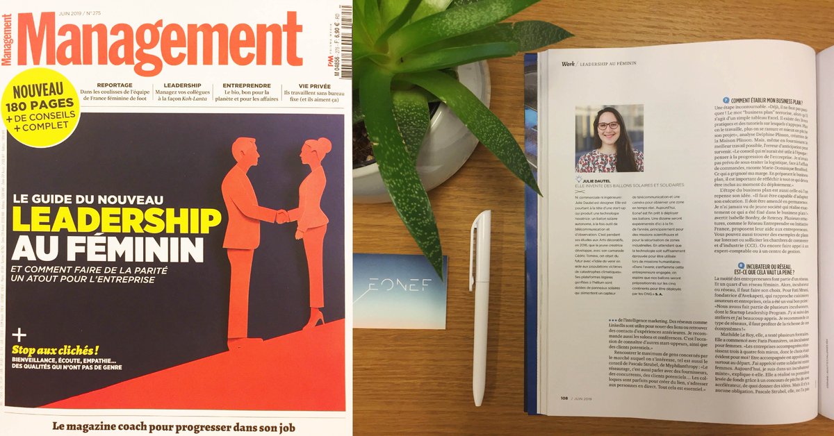 EONEF_aerostat's tweet photo. Ce mois-ci @ManagementMag met les #femmes 🙋‍ à l’honneur. On les remercie pour leur bel #article sur notre cofondatrice @JulDautel et sur la mise en avant d’#EONEF. Nous sommes convaincus que la richesse des profils et leur #diversité sont toujours des atouts en #société ! https://t.co/vsOcurJ0KB