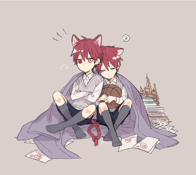 multiple boys animal ears cat ears 2boys tail red hair cat tail  illustration images