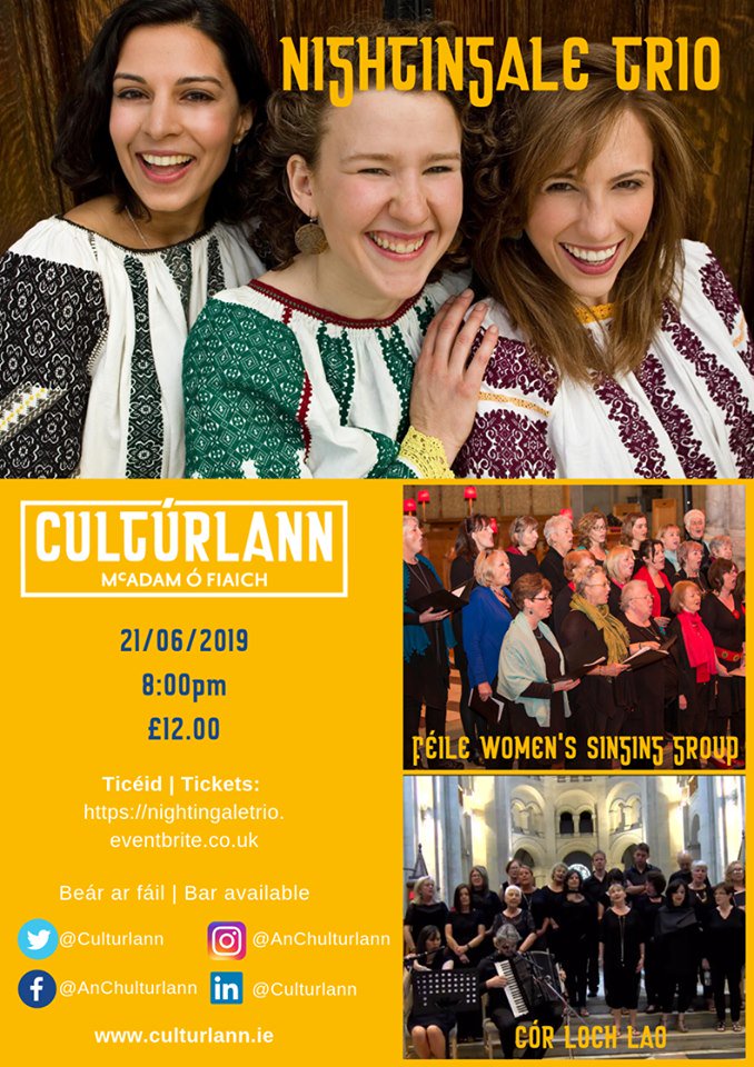 Tá na cailíní seo ar fheabhas - comhcheol galánta as oirthear na hEorpa - gan an dá chór eile a lua go fiú! Tugaigí cluas dóibh uilig má bhíonn sibh cois cuain i gceann coicíse. #TheNightingaleTrio <a href="/Culturlann/">An Chultúrlann</a>