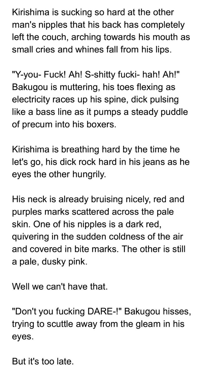 This whole next sex scene is gonna be bottom!Bakugou and if you're not into that, sorry not sorry, but I need to feed myself.Unnecessary nipple play. I'm not ashamed.2/?