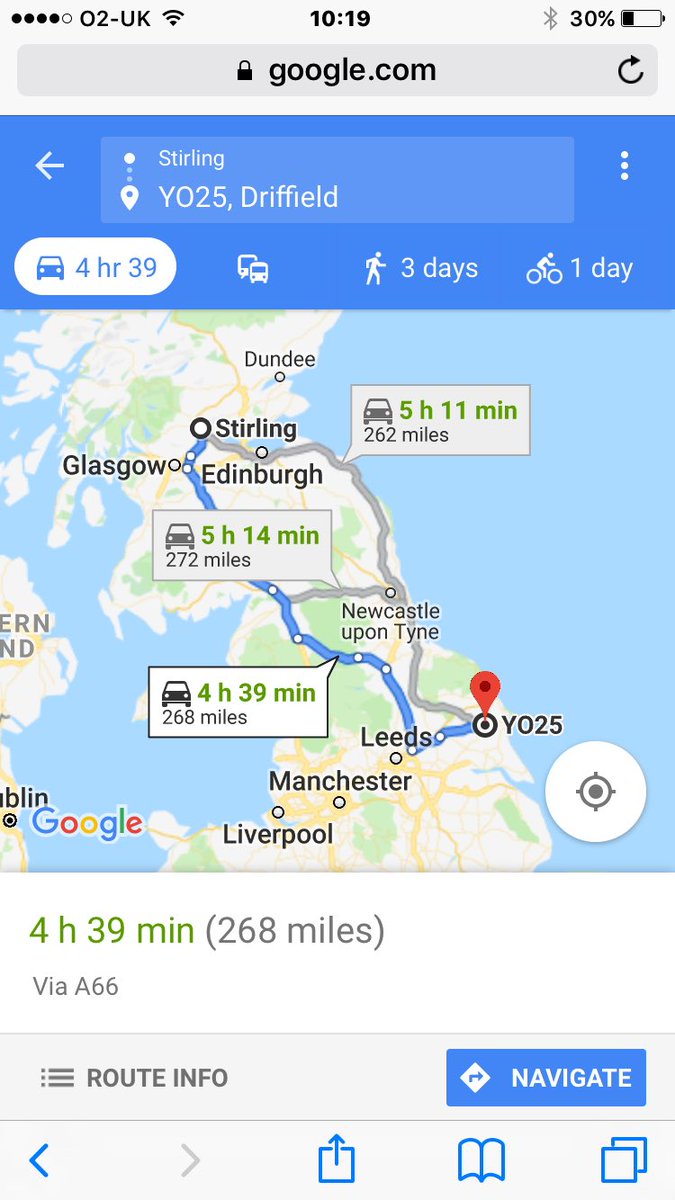 We have small van heading from Stirling to Driffield this morning. Van leaving Stirling around 1100 should be clear Driffield around 4pm if you need any goods brought back up to Scotland at backload rates. Call John Paul on 0131 555 1999.