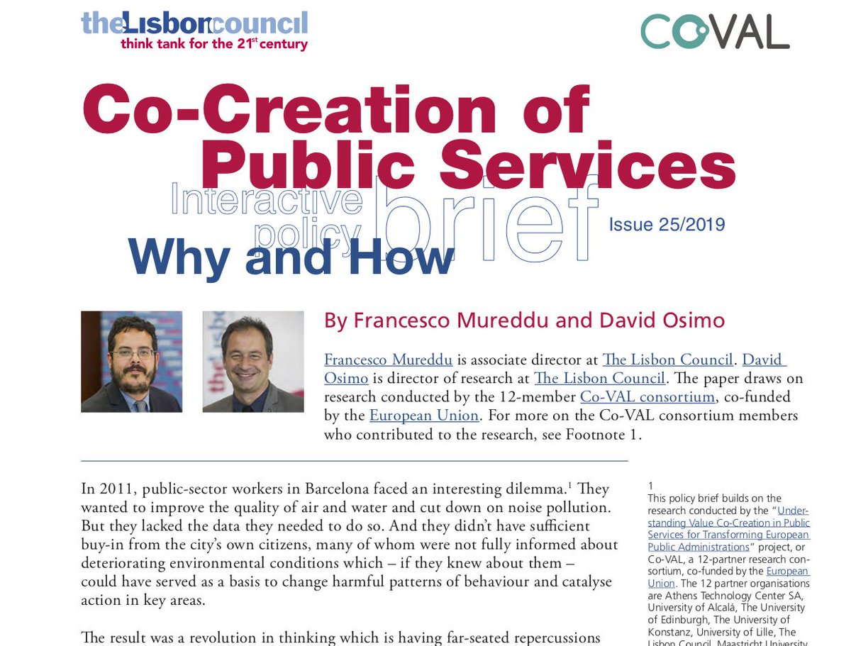 lisboncouncil's tweet image. JUST IN Co-Creation of Public Services: Why and How, a new policy brief by @osimod and @muredduf for @CoVAL_eu #statetransformation #cocreation #pubicservices #designthinking