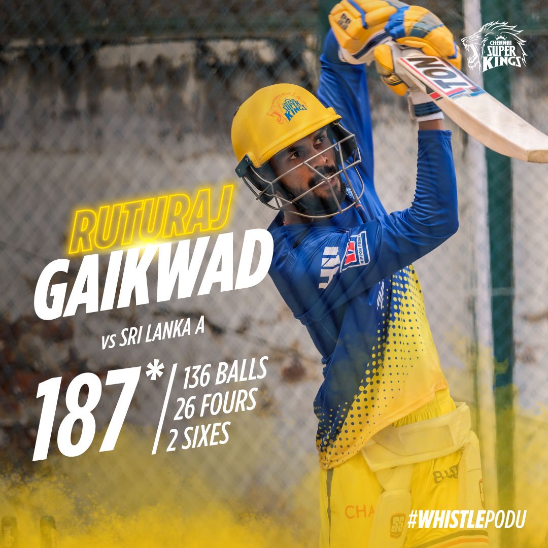 ChennaiIPL's tweet photo. Meanwhile in Belgaum...namma singham Ruturaj scores a mammoth 187* off 136 for India A against Sri Lanka A in an unofficial ODI! Periya #WhistlePodu! #Yellove #INDAvSLA 🦁💛 https://t.co/wrDvG8S0VZ