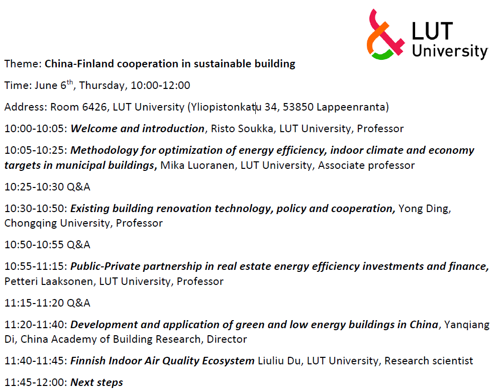 Seminar 'China-Finland cooperation in sustainable building', seeking the opportunity in #buildings #energyefficiency #green #technologiess #indoorclimate #investment #lifecycle #finance between <a href="/UniLUT/">LUT University 🚀</a> &amp; China Academy of Building Research (CABR) &amp; Chongqing Uni. <a href="/LUT_SuSci/">LUT SuSci</a>