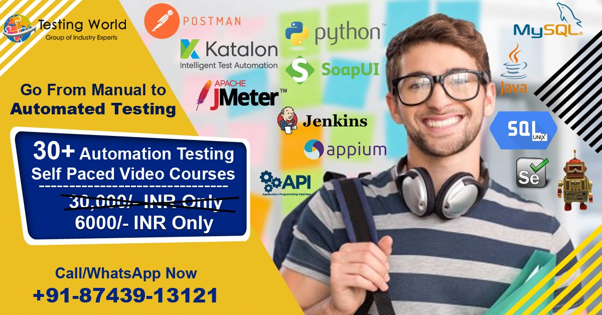 world_testing's tweet image. Be an Automation Tester from a Manual Tester! Time is now-
30+ Automation Testing Self Paced Video Courses only at Rs 6000/-
Don&apos;t miss the offer! Call now at +91-87439-13121
✍ Sample Videos : pos.li/2c03yy
✍ All Courses &amp;amp; Content : pos.li/2c03yz