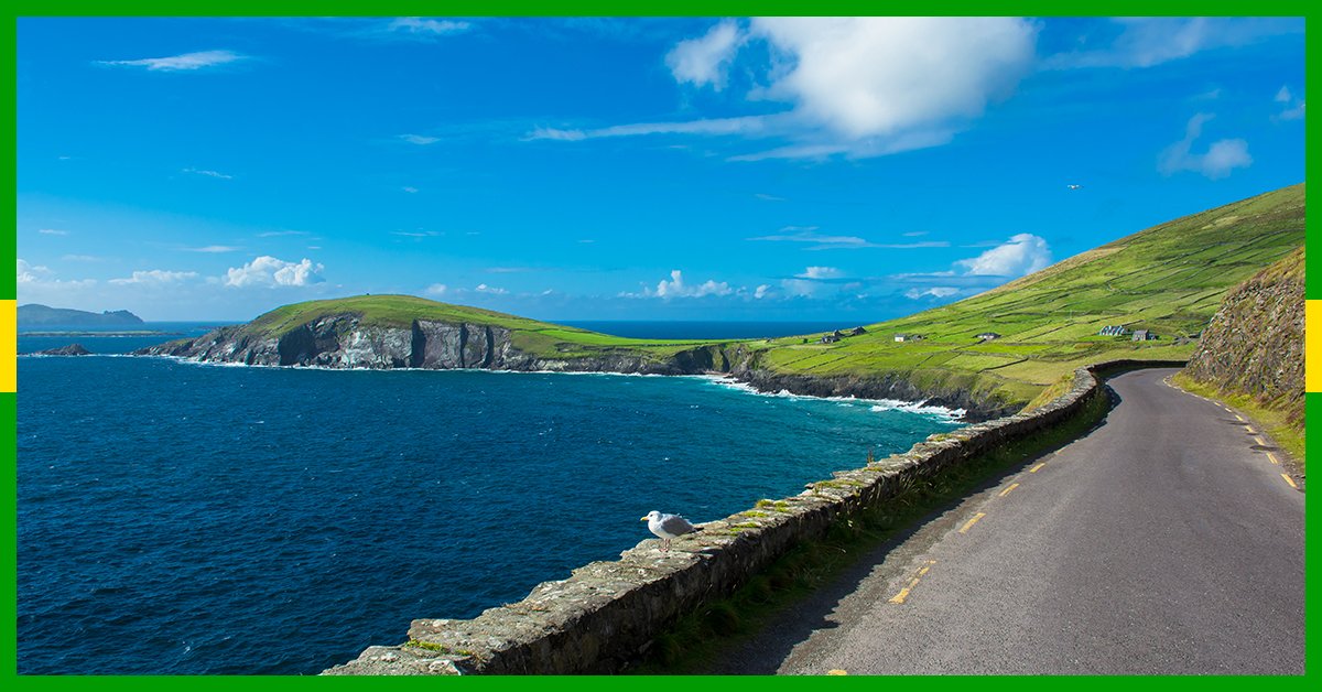The ribboning road runs parallel to a lapping turquoise ocean and, from above, lush, sloping fields loom over a scene of unfathomable beauty. Take a drive along the <a href="/wildatlanticway/">Wild Atlantic Way</a>.