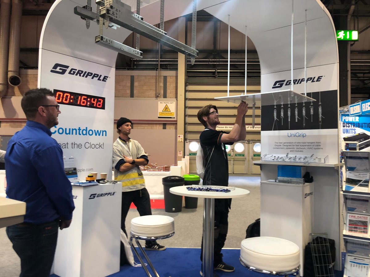 Grippleltd's tweet photo. Busy first day at #CEFLive2019 - we're on stand 57, challenging our visitors to experience the speed and simplicity of Fast Trak, our rapid trapeze bracket solution, first hand! Come along and have a go! #ElectricalContainment #Construction #UKConstruction #NextLevelSuspension https://t.co/gI88lltkWo