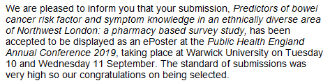 stmarksbcsc's tweet photo. Our paper has been accepted to the @PHE_uk Annual Conference! This project shows the great collaboration between the Health Promotion team and @ucl 's @RobertSKerrison @chrisvonwagner. You can find us on there on the 11 and 12 September! #bowel #cancer #screening https://t.co/ELrbRYnENS