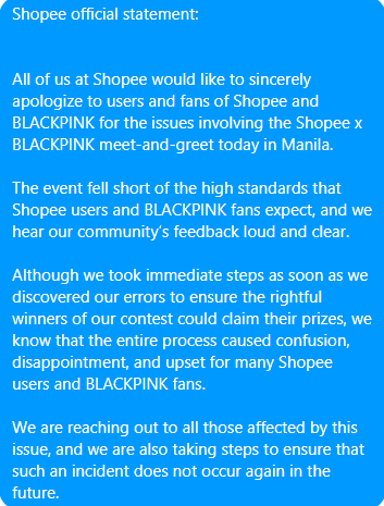 ABSCBNNews's tweet photo. After #SHOPEESCAM trended on Twitter, @ShopeePH apologized to fans who were affected by the issues involving today's #ShopeeBlackpinkinManila event | via @carmellelacuata https://t.co/O3nGHVrOK6
