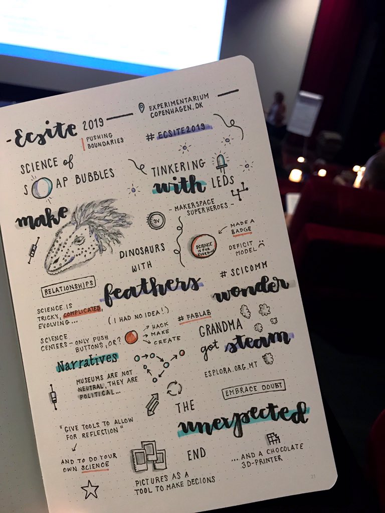 emelie_hilner's tweet photo. #ECSITE2019 The words I take away from today are - make, tinker, wonder, relations, narrative, insider knowledge, trust - and a chocolate 3D printer. It’s been a great day! #conferencenotes https://t.co/LLOdOpGaTM