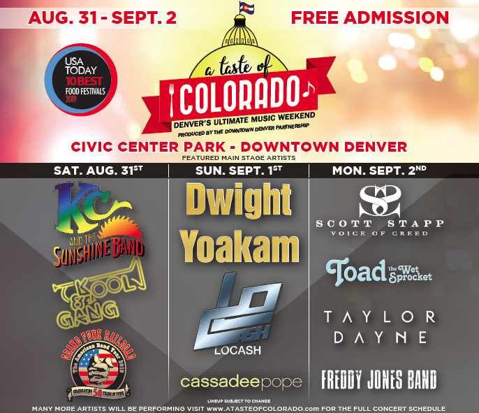 ATasteofCO's tweet photo. Today is THE day!!
THE day.. We’ve ALL been waiting for!
It’s finally here...

Your 2019 Main Stage Band Lineup
for this years Labor Day weekend at A Taste of Colorado
brought to you by @DowntownDenver https://t.co/jbHwaARqhK