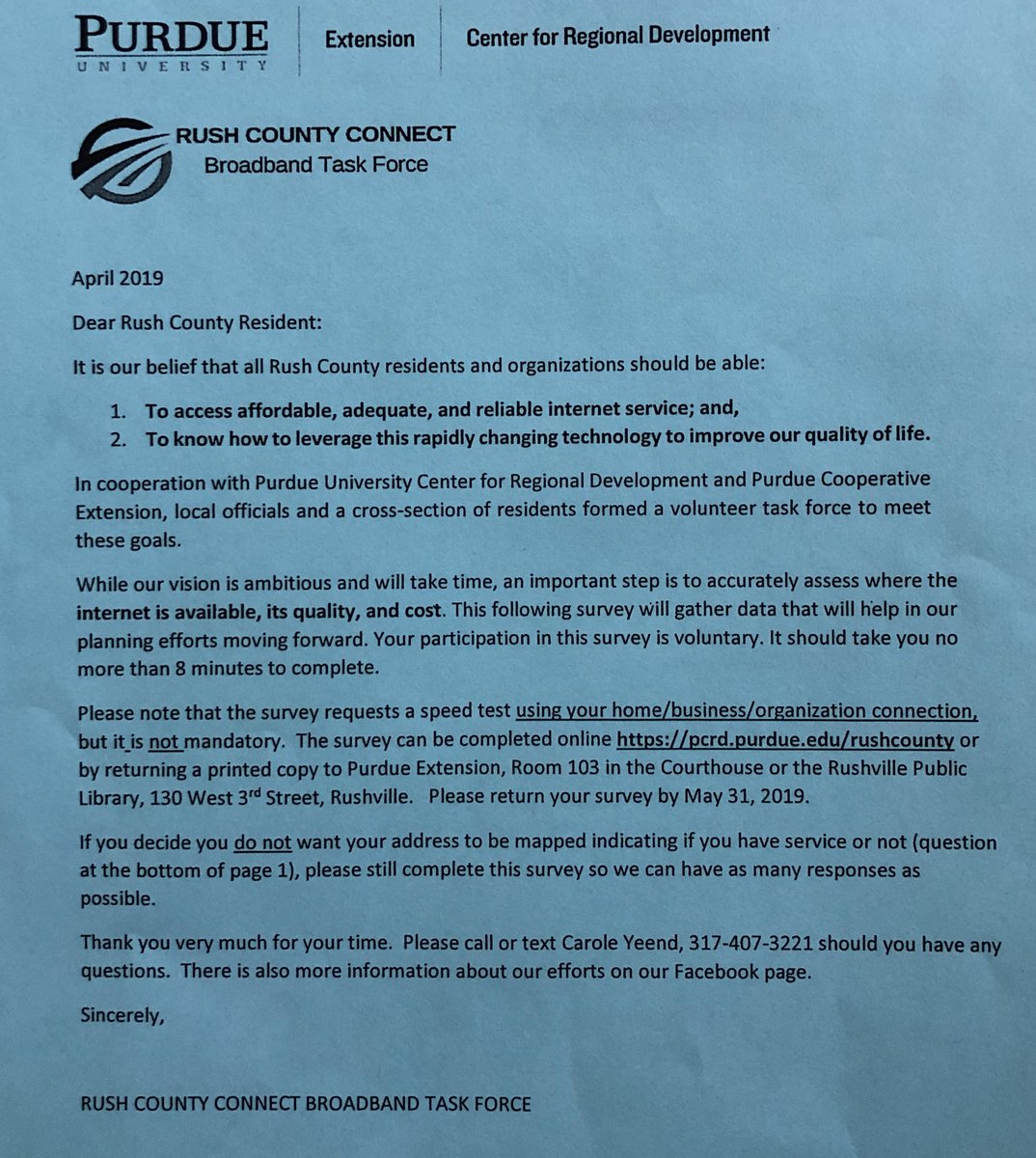 Rush County Residents! This survey helps determine internet/broadband needs for the entire county. Available online at pcrd.purdue.edu/rushcounty and in paper copy. This survey is due JUNE 14th! Help us improve internet/broadband for the entire county by taking this survey!