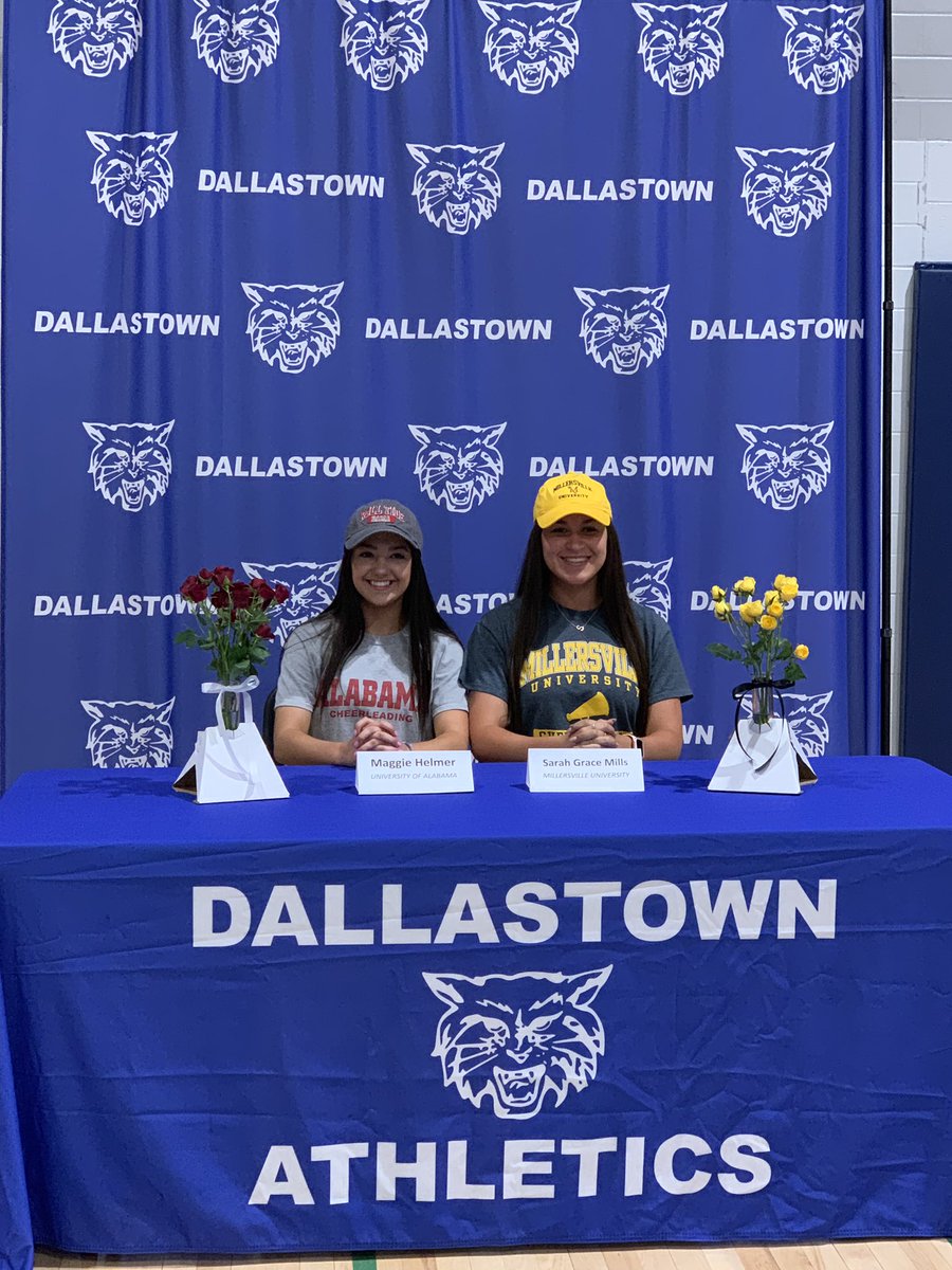 DT_Cheer's tweet photo. Congratulations to our DT Cheer seniors 🎓 as they continue their careers in college!  
Senior Maggie Helmer - University of Alabama ❤️🐘 #rolltide

Senior Sarah Grace Mills- Millersville University 💛🖤 #goville

Helmer is the first cheer alum heading to a Division I program! https://t.co/kcEvzndCm6