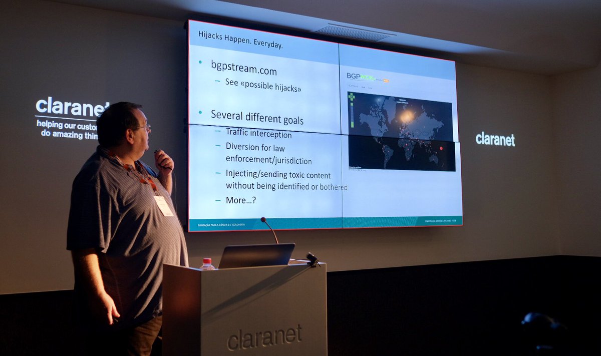 jaimefordham's tweet photo. “The main goal of our work is to go after the intentional hijacks” - Carlos Friaças from FCT|FCCN discusses The Anti-Hijacking Proposal at PTNOG::3 #PTNOG #ptnog3 #Flexoptix #claranetportugal https://t.co/gAGWOVQaWG